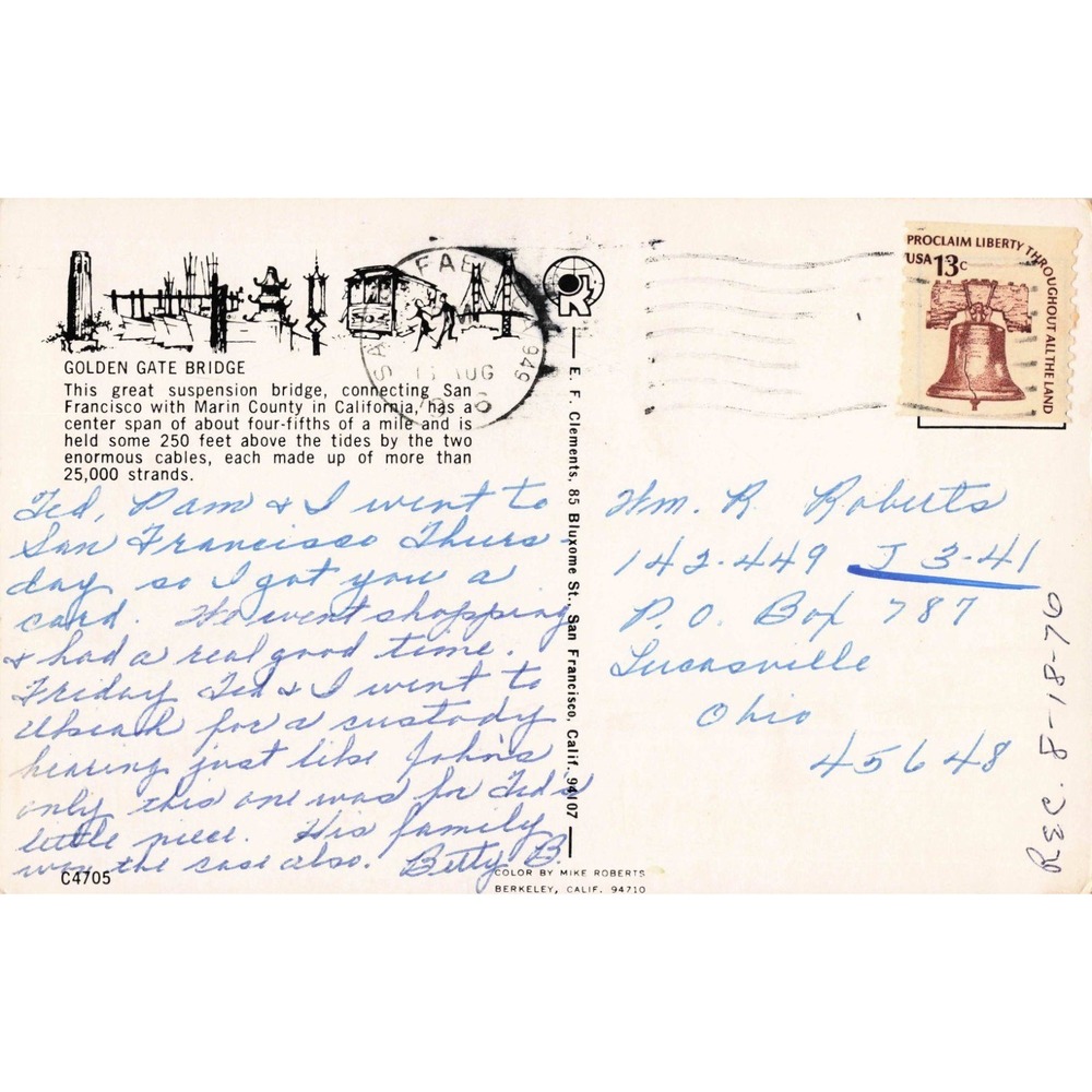 Vintage Golden Gate Bridge San Francisco Postcard 1976 Postmark 13c Stamp VG - Picture 2 of 2